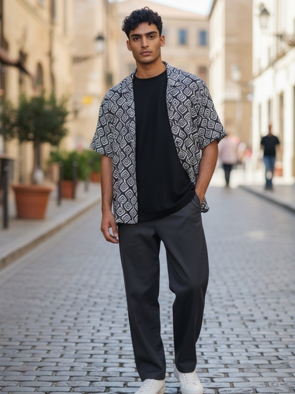 Ike Behar Navy & White Geometric Button-Up Shirt